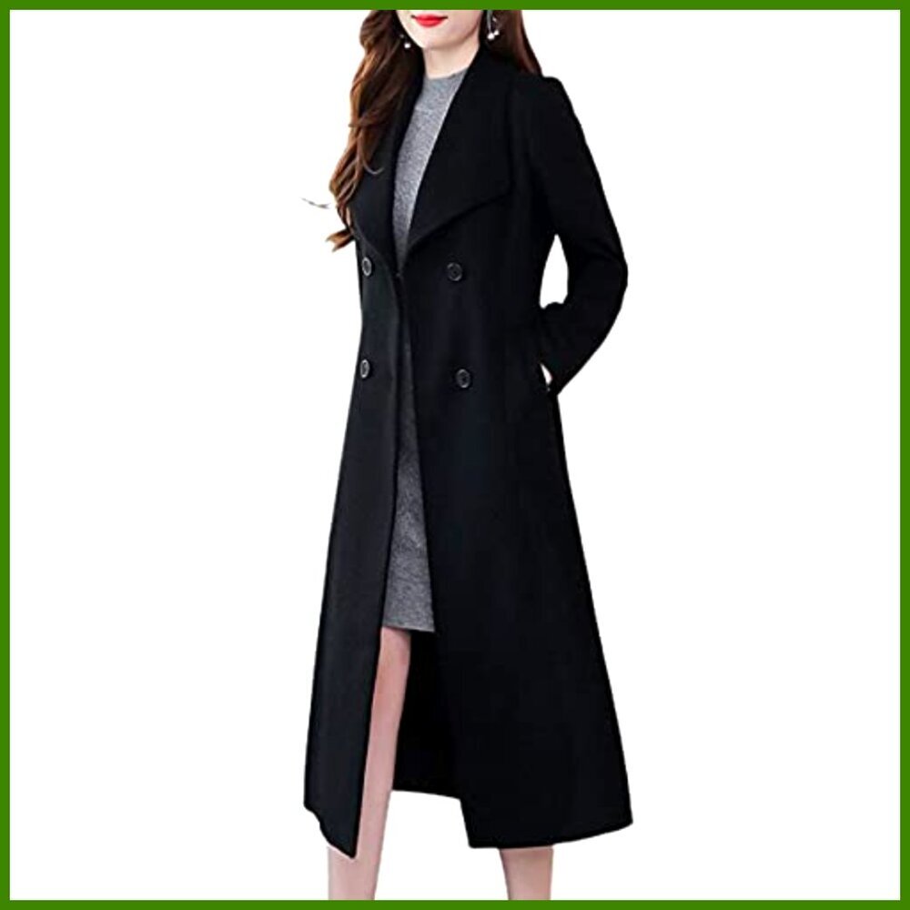 Shawl Collar Double Breasted Below Knee Slim Wool Trench Long Coat - Picture 2 of 5